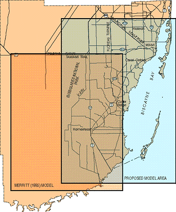 map of Southern Dade County model area (Merritt) and proposed Biscayne Bay model area
