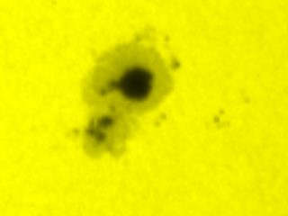A close-up view of the sunspot of December 13, 2006 as seen by SOHO/MDI.  Solar granulation is visible around the spots.