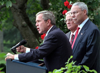 'Today, we have launched a strike on the financial foundation of the global terror network,' stated the President in the Rose Garden as he, Secretary of the Treasury Paul O'Neill and Secretary of State Colin Powell address the media Sept. 24. White House photo by Tina Hager. 