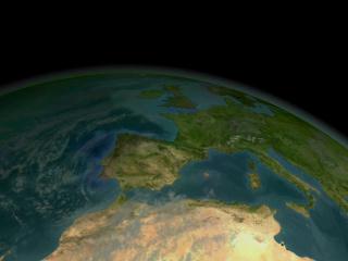 Animation depicting the Aura satellite collecting (simulated) OMI data over the earth.
