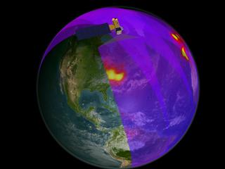 Aura passing over Eastern North America collecting (simulated) OMI data.