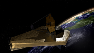 This animation shows the JWST spacecraft orbiting far from the Earth. 