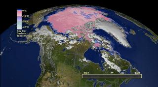 This animation shows the daily advance and retreat of snow cover, and sea ice surface temperature over the North Pole during the winter of 2002-2003.