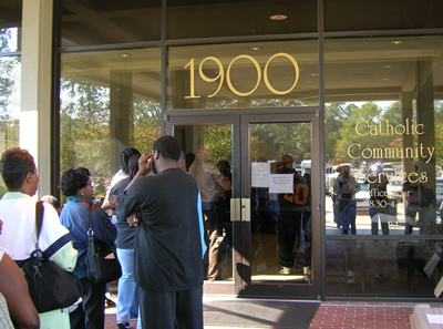 Photo of Evacuees in line at Catholic Community Services, Baton Rouge, LA