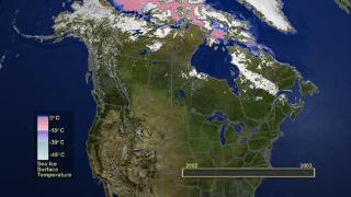 This animation shows the daily advance and retreat of snow cover, and sea ice surface temperature over North America during the winter of
2002-2003.