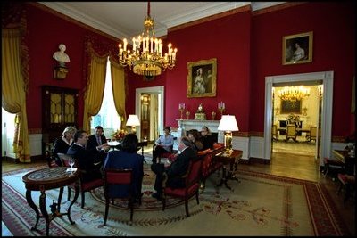 Before a performance by Eugene Kohn on the White House Steinway piano, Laura Bush hosts an arts discussion called an "operalogue" in the Red Room April 17, 2002. The Red Room was Dolley Madison.s music room and housed her piano and guitar.