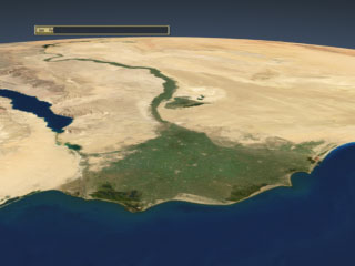 This animation shows seasonal landcover change over the Nile delta in 2004. Three yearly cycles are shown, displayed at a rate of two months per second.  This version has a date bar indicating the month being shown. 