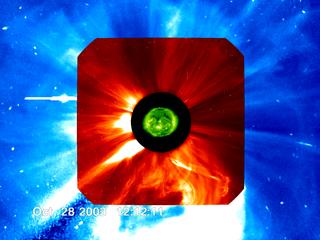 The X17 event launches matter Earthward.  The structures visible in the LASCO fields-of-view (red and blue) are outflows from earlier events.