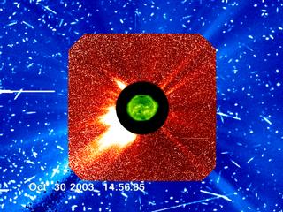 Solar protons from the Earth-directed coronal mass ejection (CME) generate speckles in the CCD detectors of the SOHO cameras.