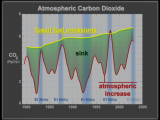 Graph with fossil fuel emissions, atmospheric increase, sink, and ENSO bars