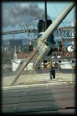 Deck view of grain loading onto an American straight decker