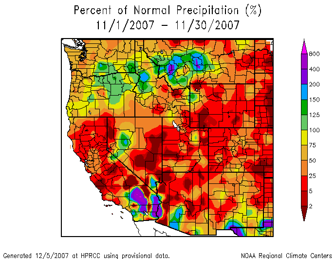 Map showing West Region November 2007 Percent of Normal Precipitation