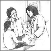 Doctor, parent, and child talking in examining room
