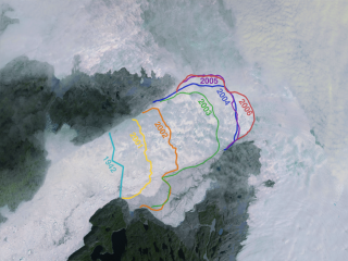 This still image shows the calving front on 08/08/2006.  Lines also indicate the calving front in 1942, and 2001 through 2006.