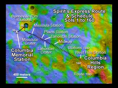 map illustrates the Mars Exploration Rover Spirit's position