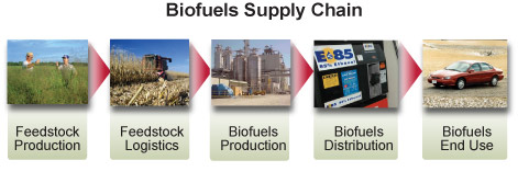 Biomass to Biofuels supply chain diagram with red highlight of biofuels production segment: Feedstock production (picture of two men in a field of switchgrass), feedstock logistics (picture of combine harvester in corn field), biofuels production (picture of biorefinery), biofuels distribution (picture of fuel pump for E85), biofuels end use (picture of car).