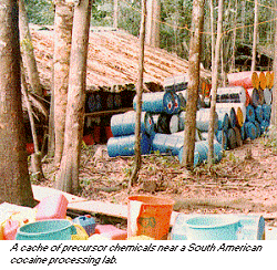 photo - A cache of precursor chemicals near a South American cocaine processing lab.