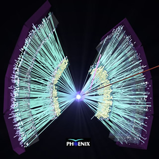 For an average collision of two gold nuclei traveling in opposite directions at the Relativistic Heavy Ion Collider, 6,000 particles are emitted. Many are detected and identified by an array of particle detectors called PHENIX.