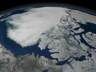 This image shows the Arctic sea ice above North America on 09/27/2005, viewed over the Beaufort Sea.