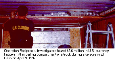 photo - Operation Reciprocity investigators found $5.6 million in U.S. currency hidden in this ceiling compartment of a truck.