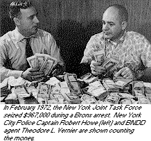 photo - In February 1972, the New York Joint Task Force seized $967,000 during a Bronx arrest.  New York Citity Police Captain Robert Howe and BNDD agent Theodore L. Vernier are showing counting the money.