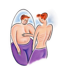 Drawing of a very skinny woman looking in the mirror and seeing an overweight woman.
