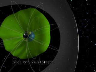 This view of the plasmasphere is in the early time in the solar storm, before the full impact.