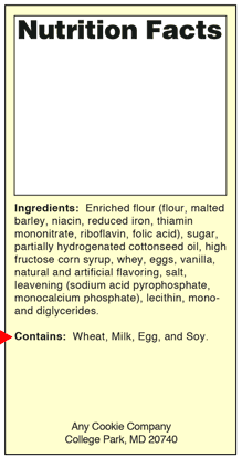 Information panel 2, displaying "Ingredients: Enriched flour (flour, malted barley, niacin, reduced iron, thiamin mononitriate, riboflavin, folic acid), sugar, partially hydrogenated cottonseed oil, high fructose corn syrup, whey, eggs, vanilla, natural and artificial flavoring, salt, leavening (sodium acid pyrophosphate, monocalcium phosphate), lecithin, mono- and diglycerides. Contains: Wheat, Milk, Egg, and Soy." The ingredient list and the contains statement are between the Nutrition Facts panel and the name and address of the manufacturer, packer or distributor.