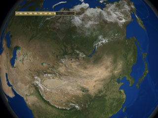 This animation shows a global rotation of seasonal changes in landcover. Landcover fades from month to month, and is displayed at a rate of two months per second. This version has a date bar indicating the month being shown.