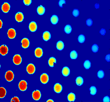 Arrays of multi-colored dots indicate the strength of different adhesives measured with the NIST multi-lens testing system. Red areas indicate the stronger bonds, blue areas the weaker.
