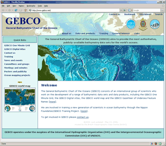 screen shot of new GEBCO web page