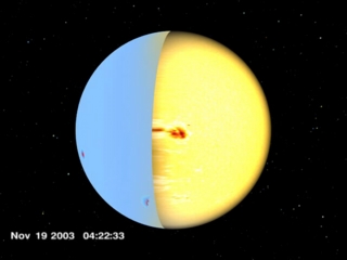 Opening with a view of the Sun visible from SOHO, we move around to the eastern limb (as seen from Earth) where we see the farside data constructed by helioseismology studies.   During the movie, several sunspot groups move from the farside to the Earthside of the Sun.