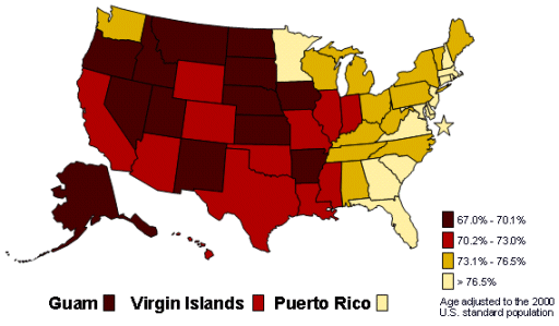 Map of United States showing Percent of persons who had their blood cholesterol checked within the prior five years, Adults aged 20 years and older, 2003.