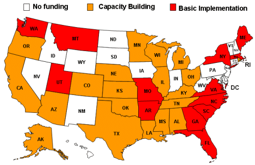 Color-coded map showing states funded for Heart Disease and Stroke Prevention programs for 2002.  States are assigned one of three categories: Not Presently Funded; Capacity Building; Basic Implementation.