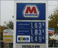 Photo of a Marathon fueling station price sign. Gasoline and E85 prices are listed on the sign.