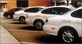 Photo of a fleet of ethanol flexible-fuel cars.