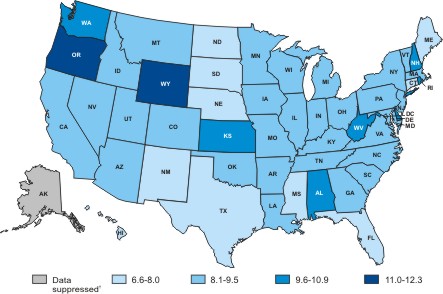 Map of the United States showing female ovarian cancer death rates by state in 2004.