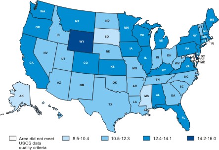 Map of the United States showing female ovarian cancer incidence rates by state in 2004.