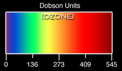 The shell around the Earth has ozone levels indicated by this color bar.