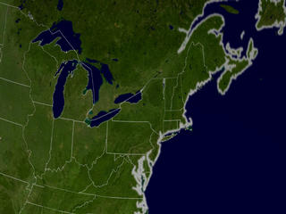 The East Coast of the United States. Blue Marble data set with state lines and country boundaries.