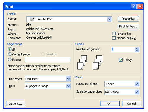 This is a picture of the print screen that comes up in Word.  You must change the name of the printer to Adobe PDF from your default printer.