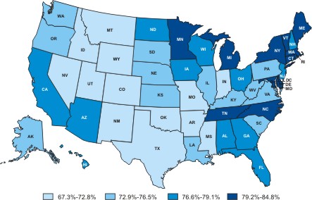 Map of the United States showing the percentage of women aged 40 years and older who have had a mammogram in the last 2 years.