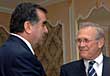 The president of Tajikistan, Emomali Rahmonov, welcomes U.S. Defense Secretary Donald H. Rumsfeld to Dushanbe prior to their meeting to discuss defense issues of mutual interest, July 10, 2006. Defense Dept. photo by U.S. Army Staff Sgt. Gary Hilliard