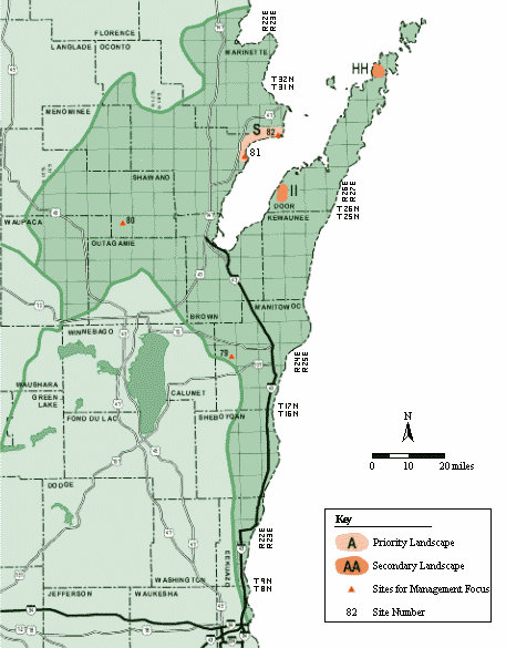 Figure 12: Map of the Lake Michigan Shoreland Natural Division showing locations of priority and secondary landscapes along with sites for management focus