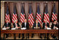 President George W. Bush participates in a meeting with former Cabinet Secretaries and Senior Government Officials on Free Trade Agreements Tuesday, Feb. 26, 2008, in the Eisenhower Executive Office Building in Washington, D.C. Joining the President from left are, former Defense Secretary William Cohen; former Commerce Secretary Bob Mosbacher; former Commerce Secretary Bill Daley; former White House Chief of Staff Mack McLarty; and former U.S. Trade Representative Carla Hills. White House photo by Chris Greenberg