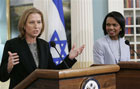 Secretary of State Condoleezza Rice, right, and Israeli Foreign Minister Tzipi Livni, left, talk to media during a joint press conference at the State Department, Wednesday, Sept. 13, 2006, in Washington. [AP Photo/Pablo Martinez Monsivais] 
