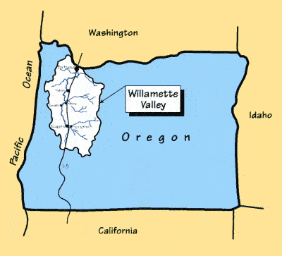 map of Oregon showing the Williamette Valley and the borders of Washington, Idaho, California, and the Pacific Ocean.