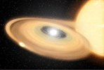 This animation shows an artist's concept of Z Camelopardalis (Z Cam), a stellar system featuring a collapsed, dead star, or white dwarf, and a companion star