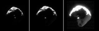This set of images exposes details on small and crumpled-looking Helene. Large portions of this Trojan moon of Dione appear to have been blasted away by impacts