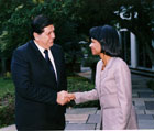 Secretary Rice greets His Excellency Alan Garcia,  President of the Republic of Peru during his visit to Washington, DC.  State Department photo by Michael Gross